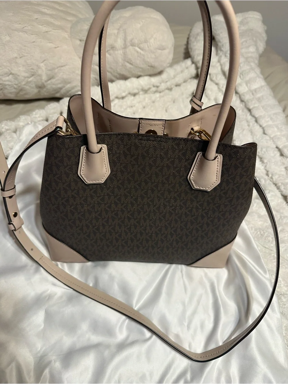Michael Kors Dark Brown Monogram Tote with Blush Trim